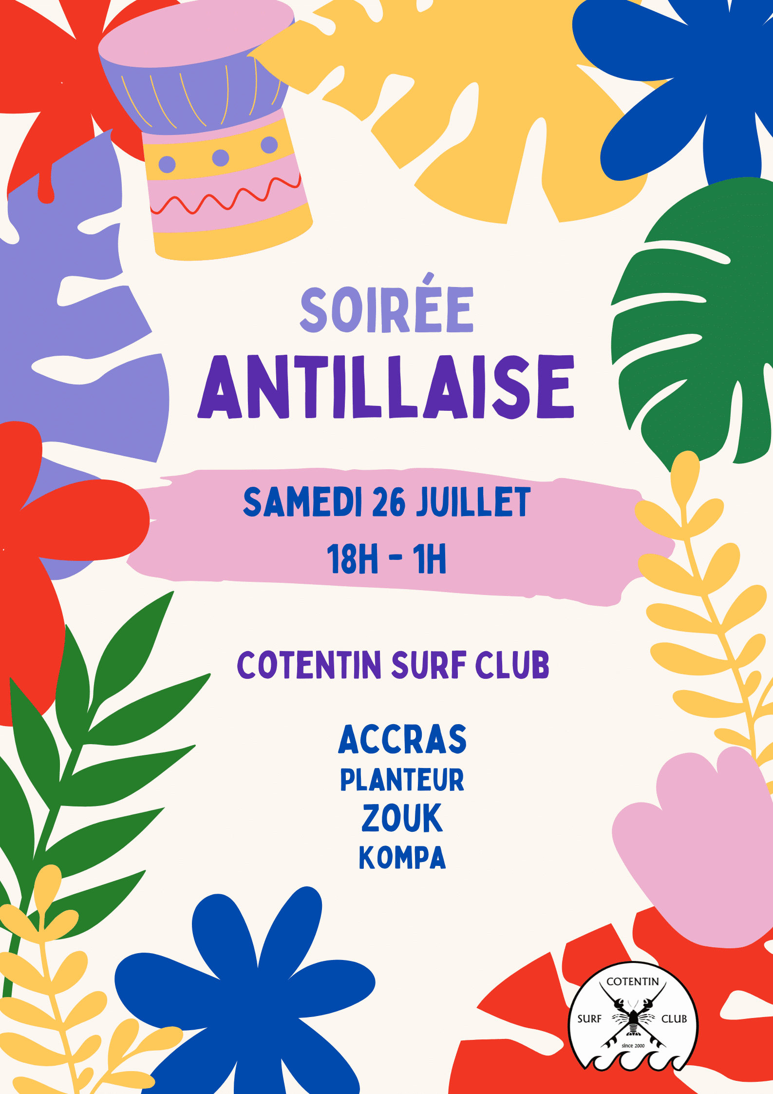 Soirée antillaise samedi 26 juillet! Soirée antillaise samedi 26 juillet!